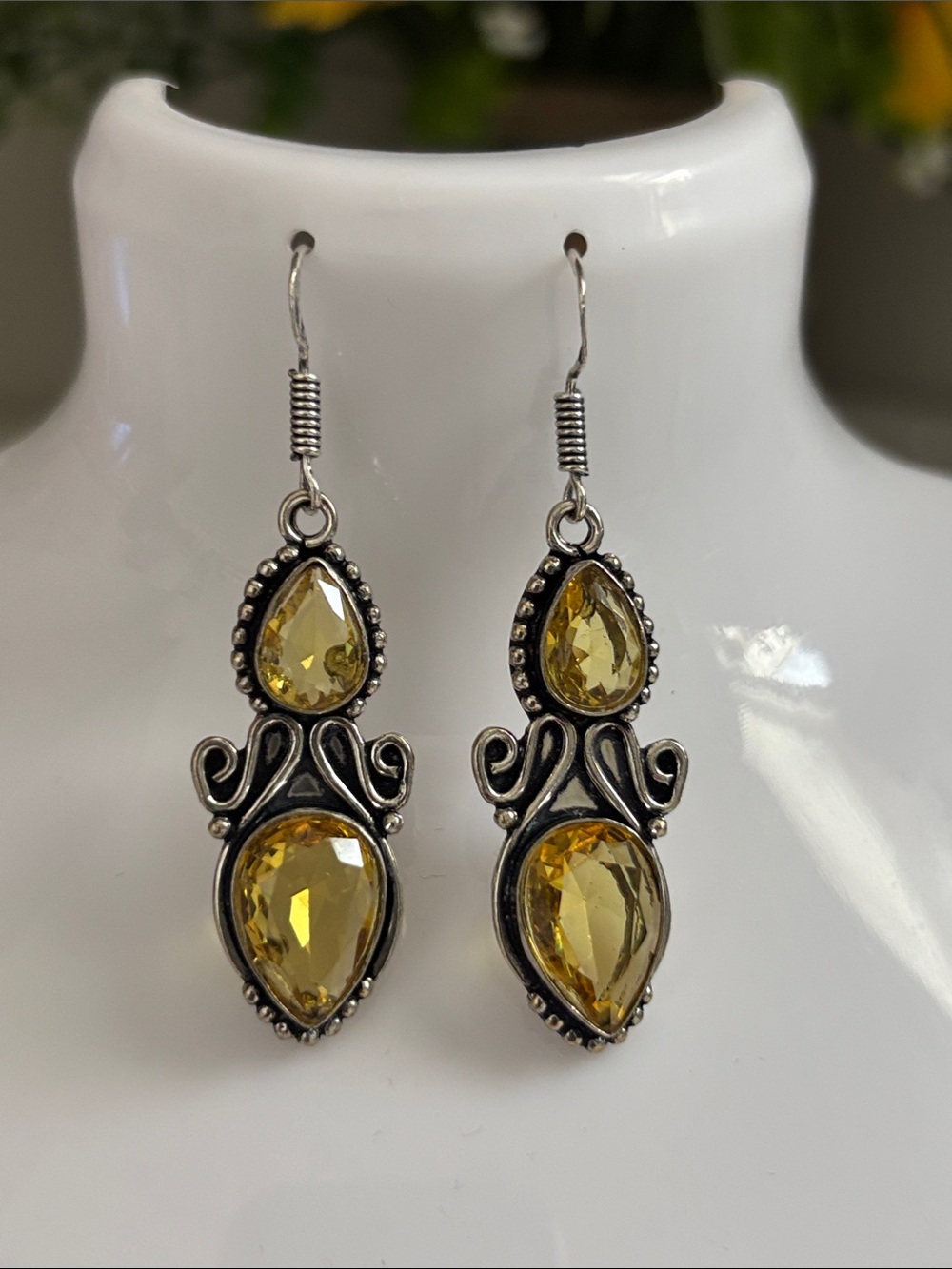 Sterling Yellow Citrine Teardrop Crystal Dangle Earrings